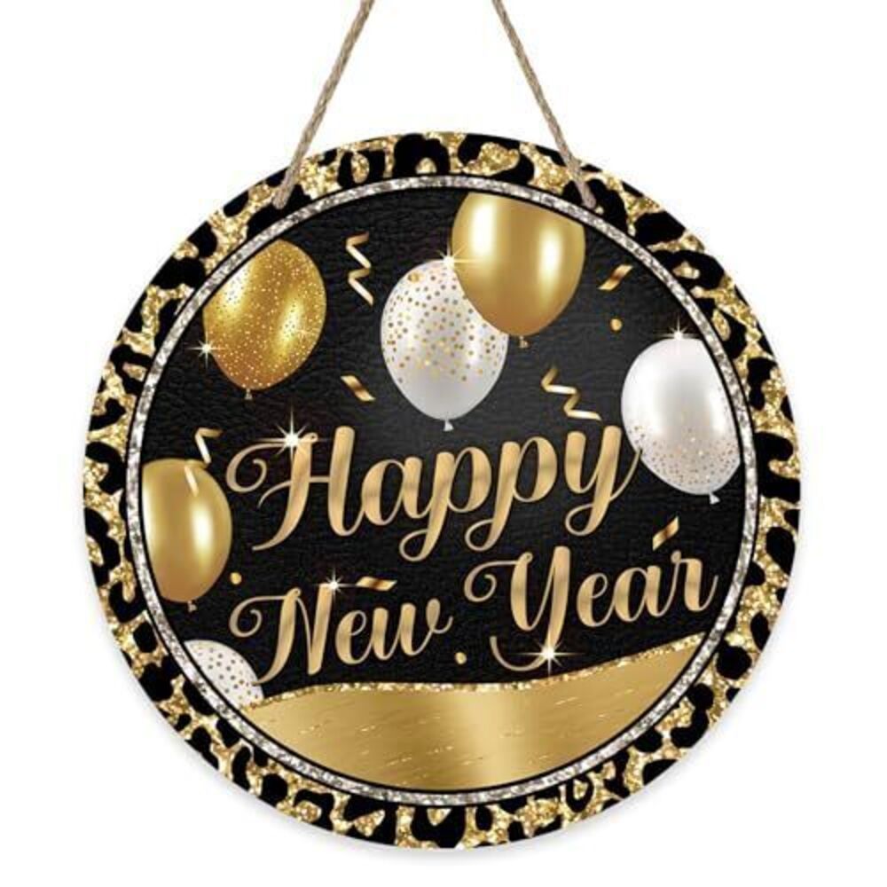 1079 Happy New Year 2026 Front Door Sign, Black Gold Balloon Glitter Wood